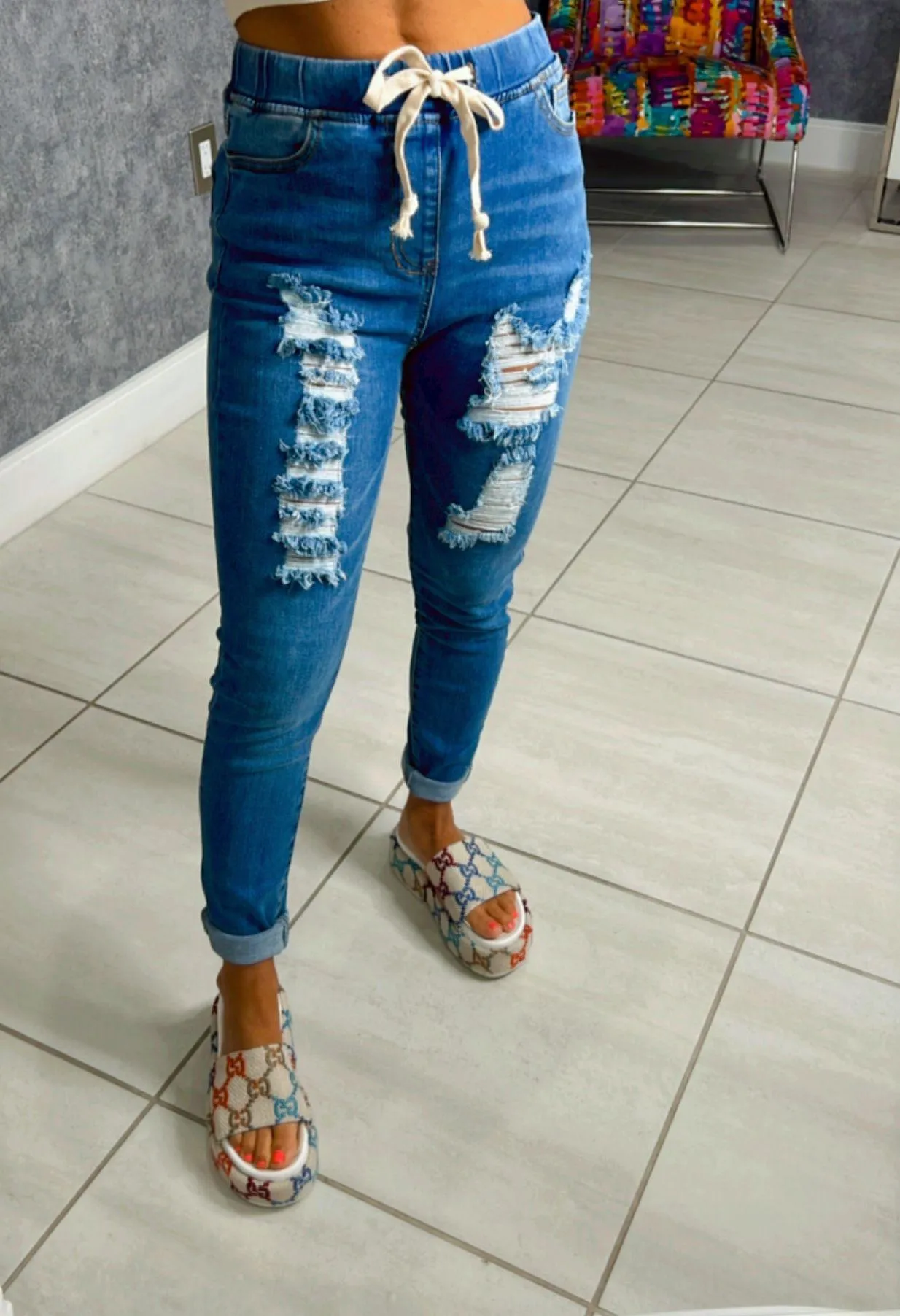 5468 High waist distressed denim jogger pants