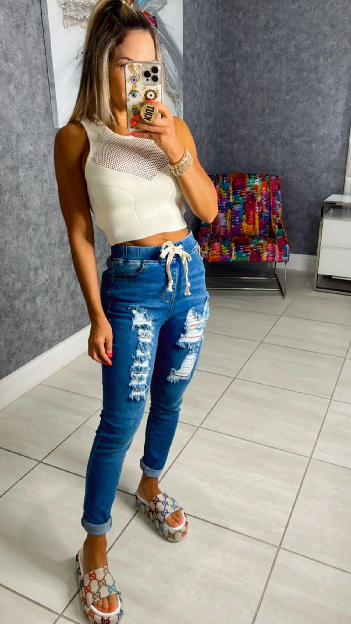 5468 High waist distressed denim jogger pants