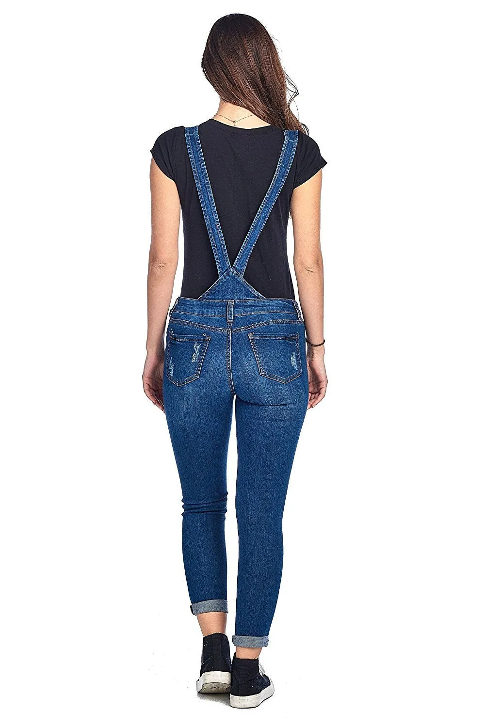 Khanomak Denim Distressed Rolled Cuff Ankle Length Adjustable Straps Skinny Jean Overalls