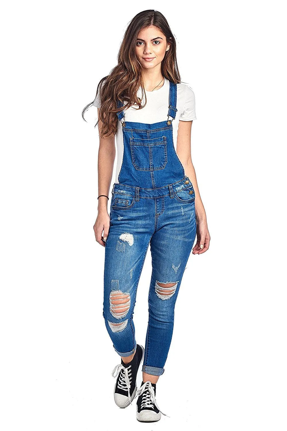 Khanomak Denim Distressed Rolled Cuff Ankle Length Adjustable Straps Skinny Jean Overalls