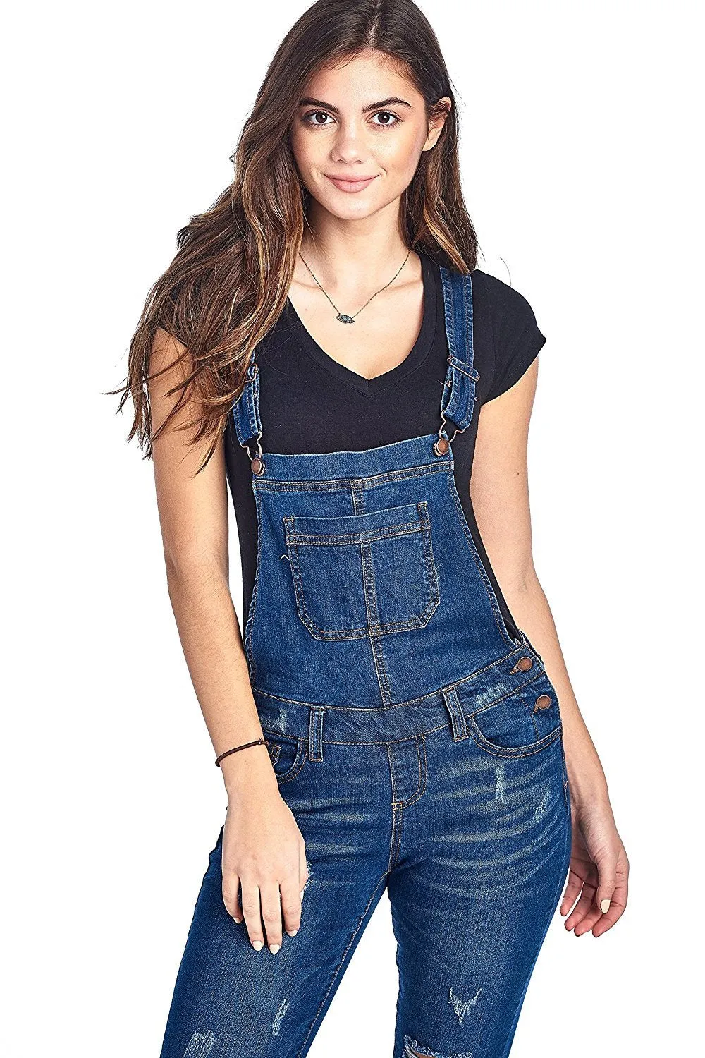 Khanomak Denim Distressed Rolled Cuff Ankle Length Adjustable Straps Skinny Jean Overalls