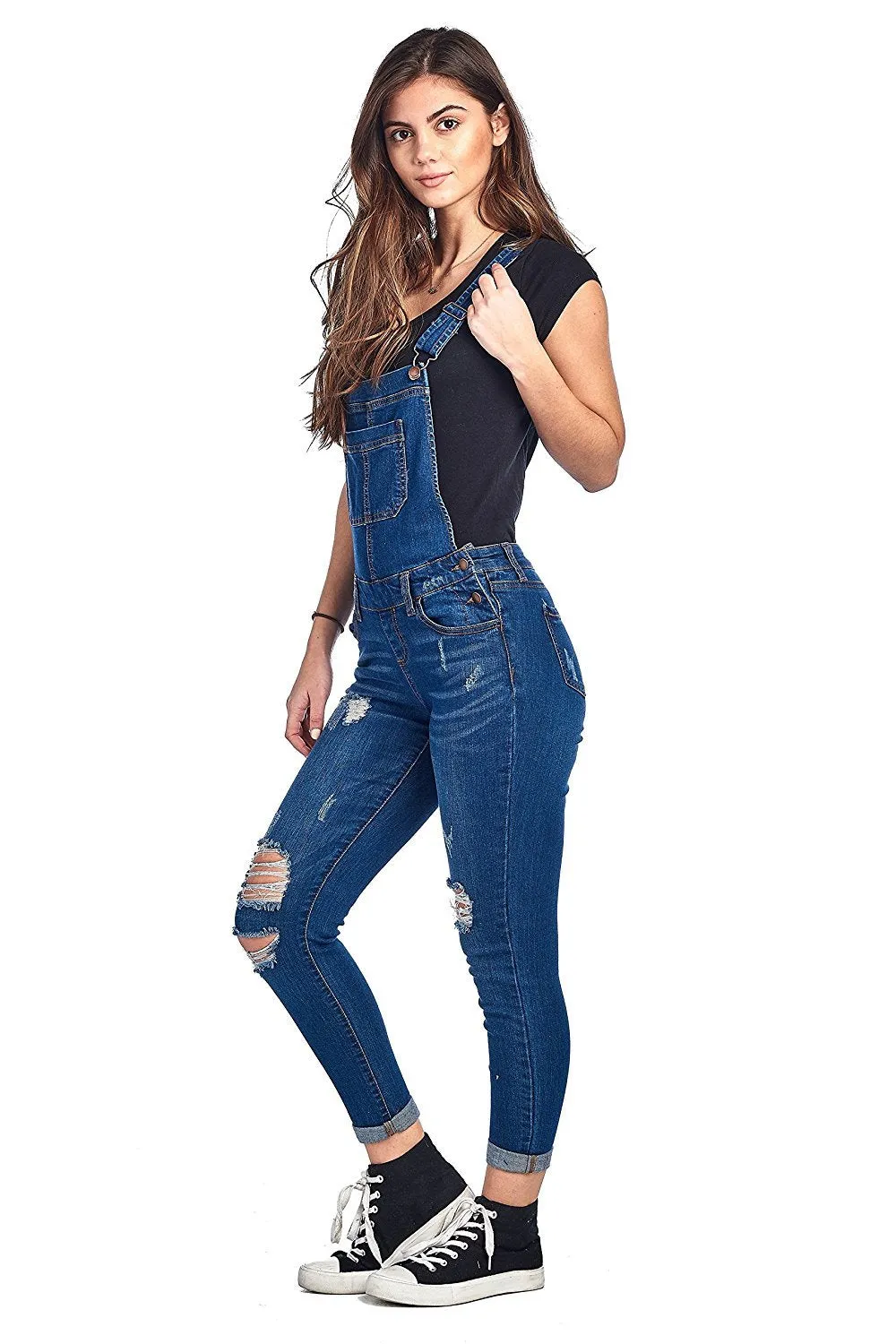 Khanomak Denim Distressed Rolled Cuff Ankle Length Adjustable Straps Skinny Jean Overalls