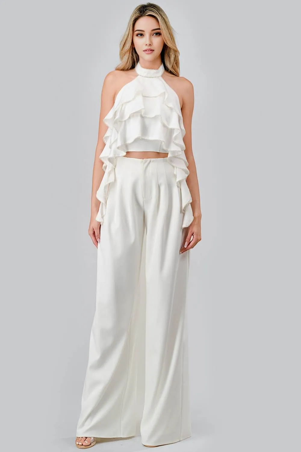LUXE CREPE BEADS EDGE TRIM RUFFLED TOP & PANTS SET