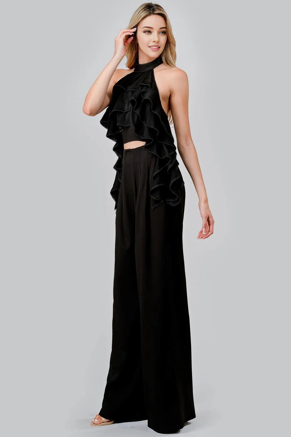 LUXE CREPE BEADS EDGE TRIM RUFFLED TOP & PANTS SET