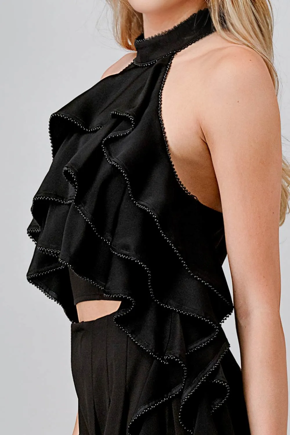 LUXE CREPE BEADS EDGE TRIM RUFFLED TOP & PANTS SET
