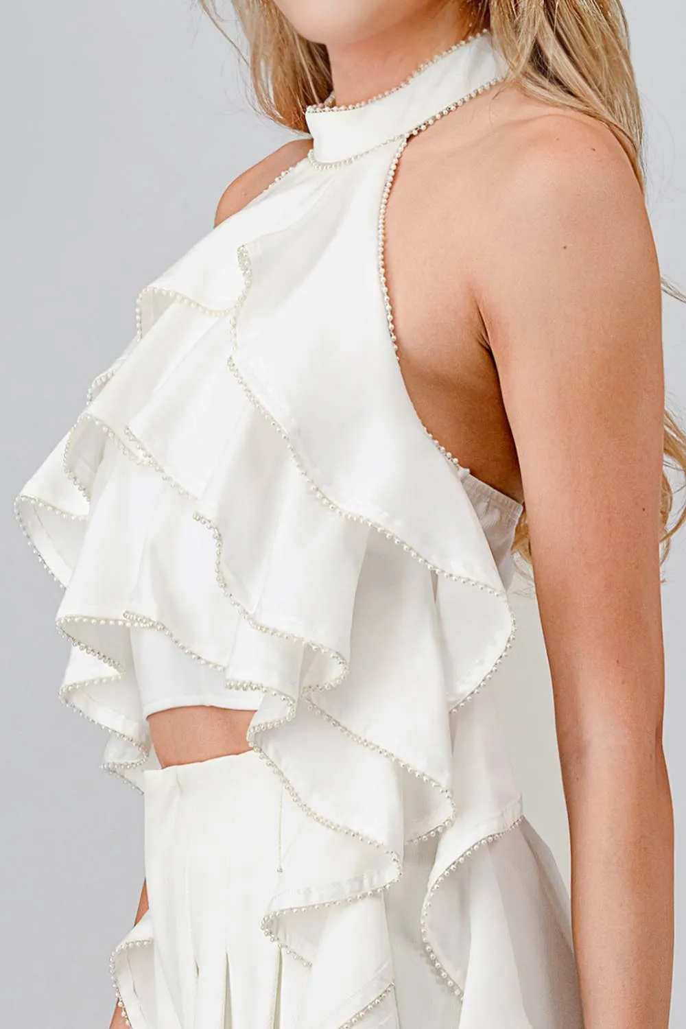 LUXE CREPE BEADS EDGE TRIM RUFFLED TOP & PANTS SET