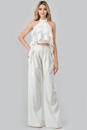 LUXE CREPE BEADS EDGE TRIM RUFFLED TOP & PANTS SET