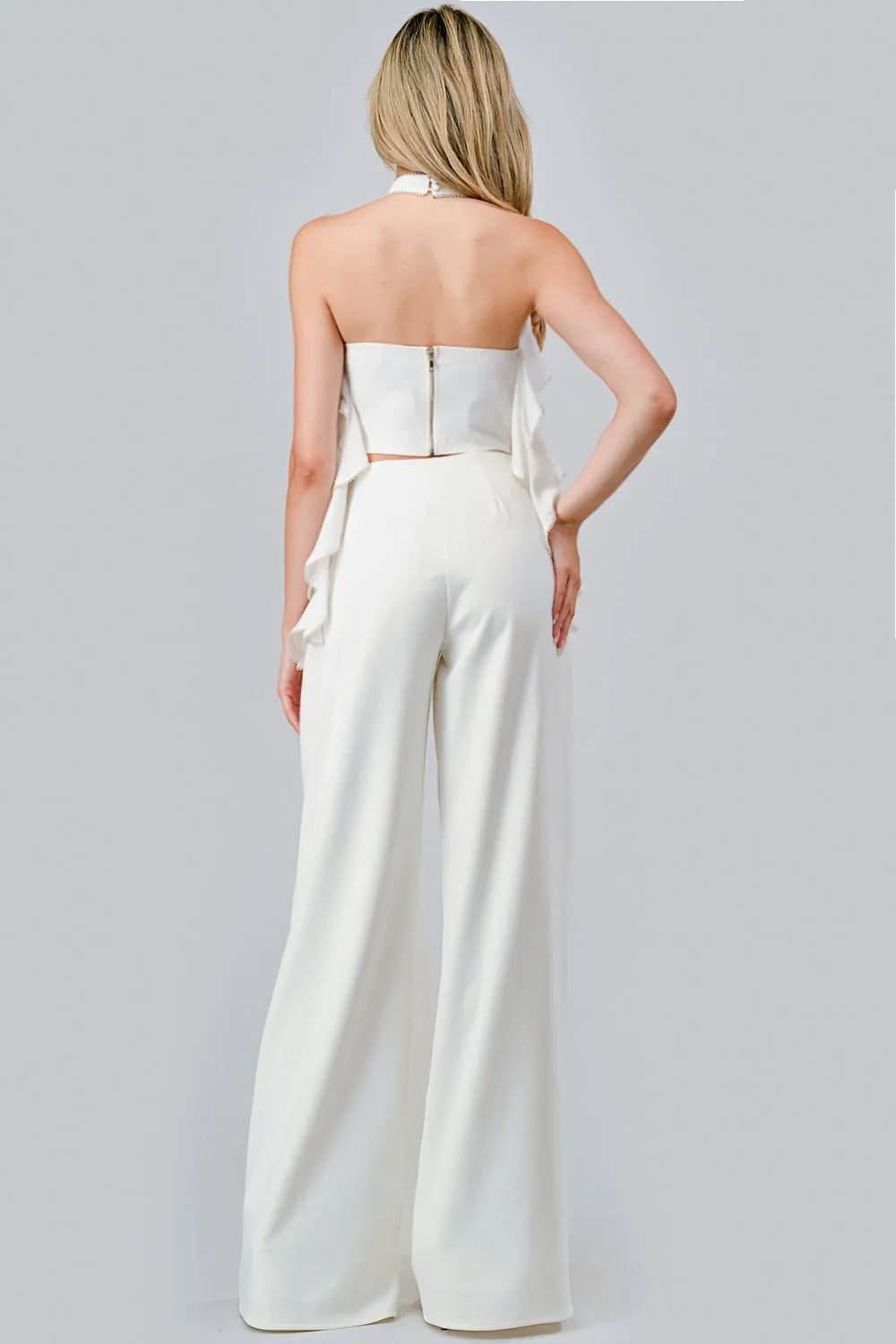 LUXE CREPE BEADS EDGE TRIM RUFFLED TOP & PANTS SET