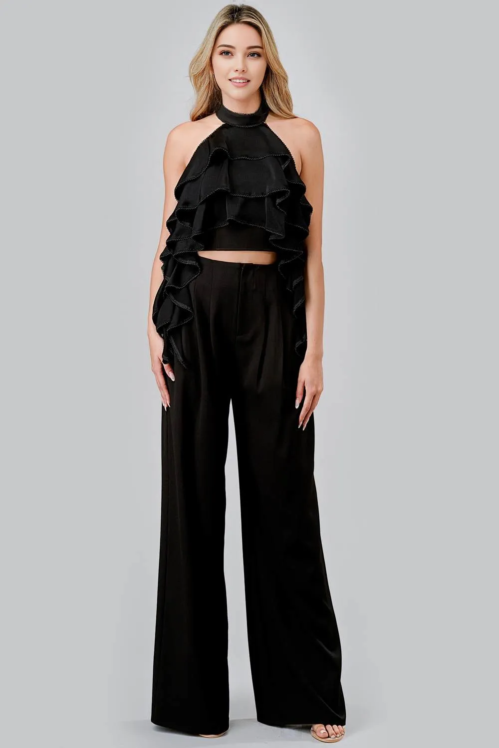 LUXE CREPE BEADS EDGE TRIM RUFFLED TOP & PANTS SET
