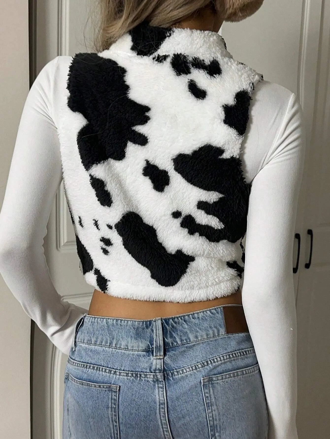 Print Sleeveless Fluffy Cropped Jacket FW24